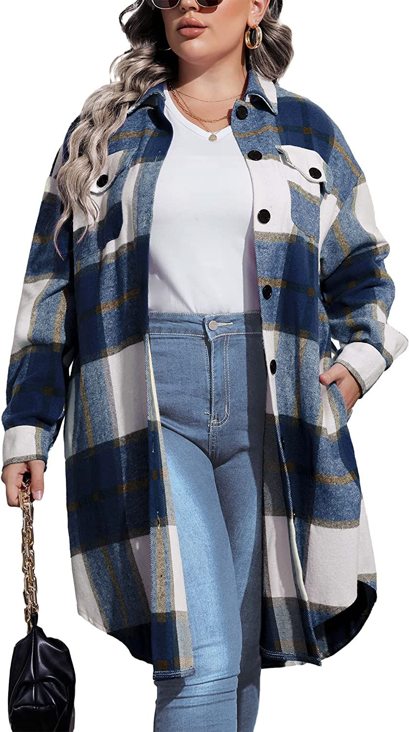 Thumbnail: IN'VOLAND Womens Plus Size Flannel Plaid Shirts Long Sleeve Lounge Lapel Boyfri