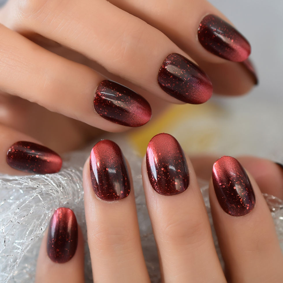 Thumbnail: Retro Dark Red  Medium Length Oval Press on Nail Tips Glitter Galaxy Adhesive