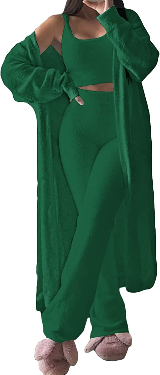 Thumbnail: Fixmatti Women's Fuzzy 3 Piece Sweatsuit Open Front Cardigan Crop Tank Tops Wid