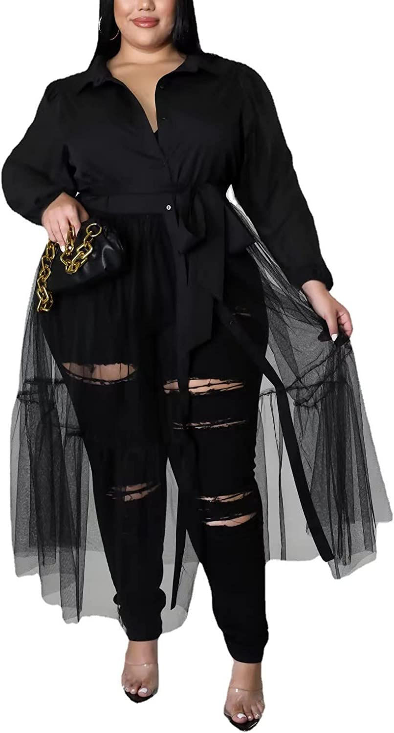 Thumbnail: Sunlips Women's Sexy Plus Size Lapel Shirt Dresses Mesh See Through Puff Short 