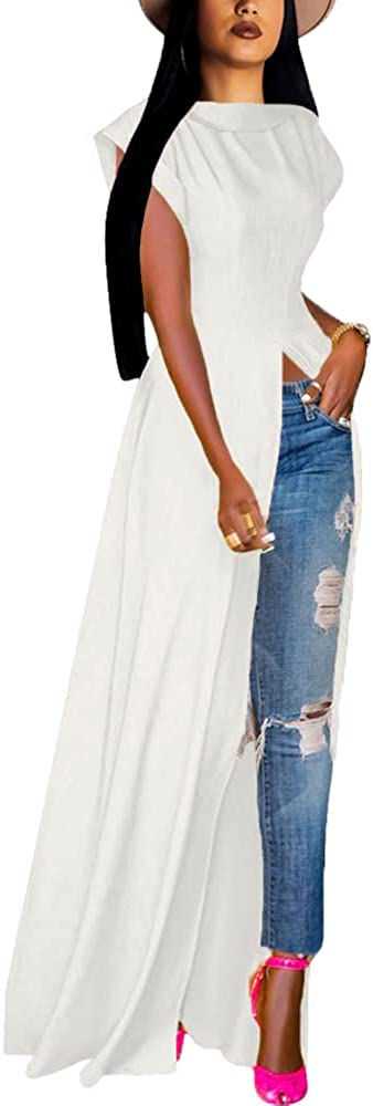 Thumbnail: VOIKERDR Womens Casual Crew Ncek Short Sleeve Jumpsuits Solid Open Front Split 