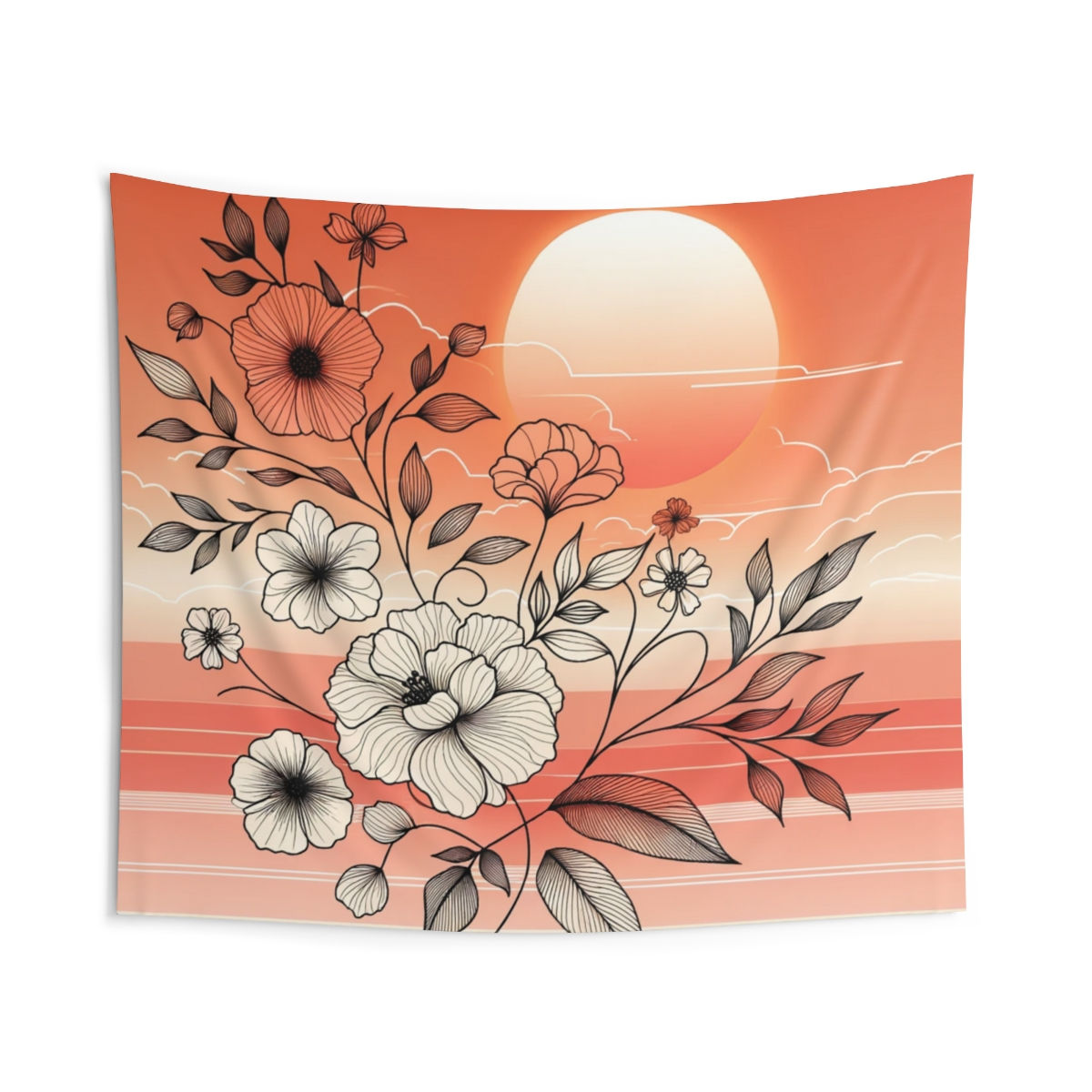Floral line art orange pink sunset Indoor Wall Tapestries