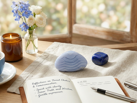 A serene setup featuring blue lace agate and sodalite crystals on a linen cloth, accompanied by an open journal with thoughtful reflections, a cup of tea, and a softly glowing candle.