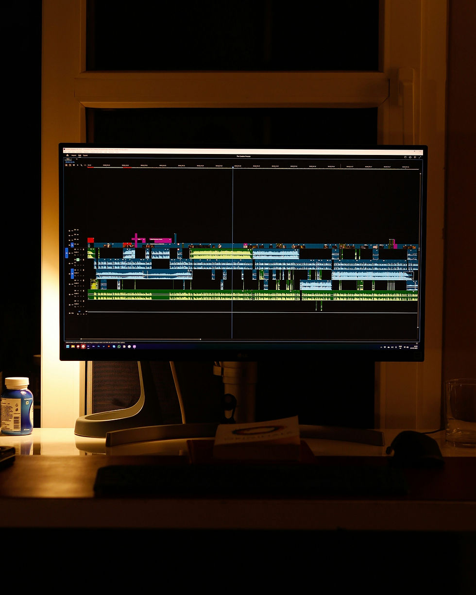 A computer monitor displaying a video-editing timeline in a dark workspace, illustrating the production workflow behind AI-assisted media.