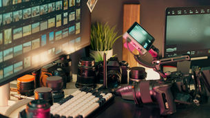 Professional video editing and camera workstation representing synthetic media, AI-assisted production, and newsroom verification.