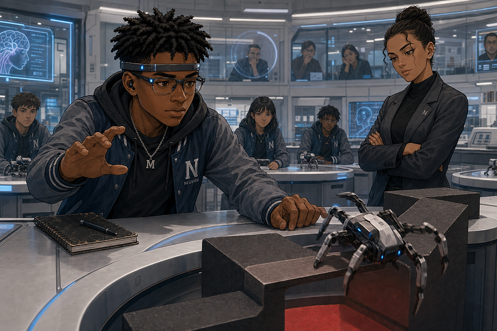 Malik Carter completes the Echo Trial as a predictive training crawler falls from the bridge after he deliberately changes direction.