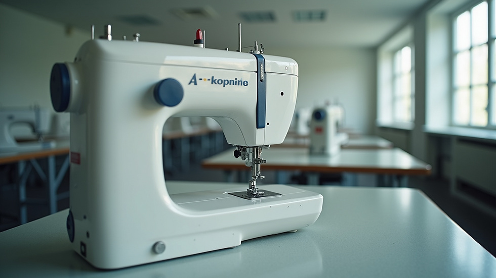 Eye-level view of a vocational training room with sewing machines