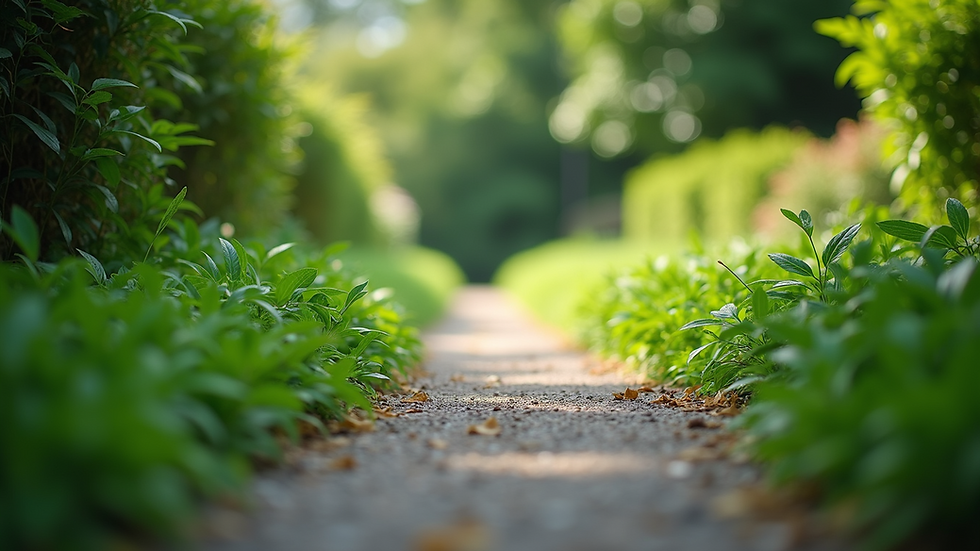 Eye-level view of a peaceful garden path surrounded by lush greenery