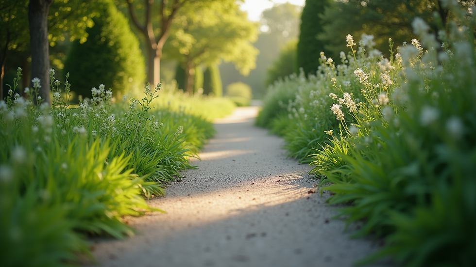 Close-up view of a calm garden path surrounded by greenery, symbolising a peaceful journey