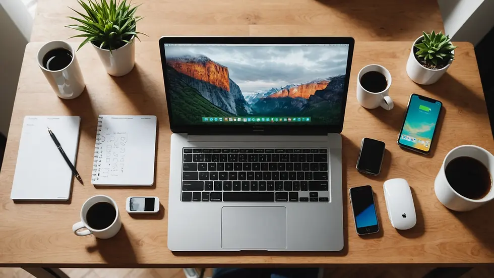 High angle view of a well-organized workspace with technology tools