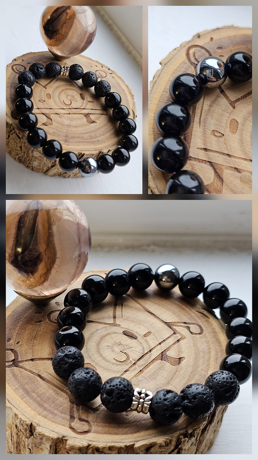 Triple protection bracelet with obsidian, lava, and hematite beads
