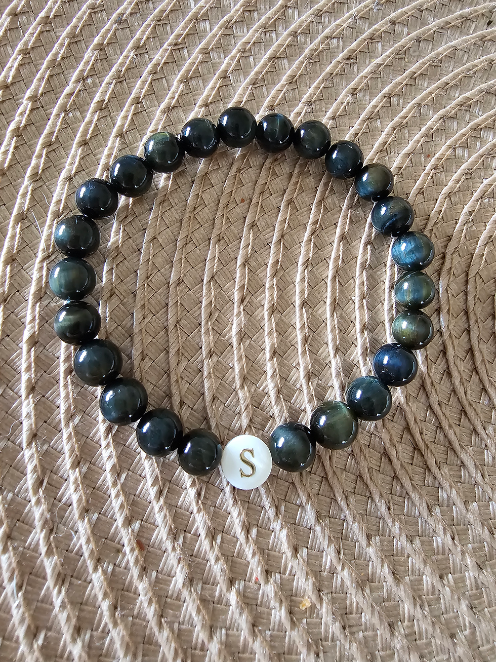 Dream Tiger Eye beaded bracelet with initial S charm