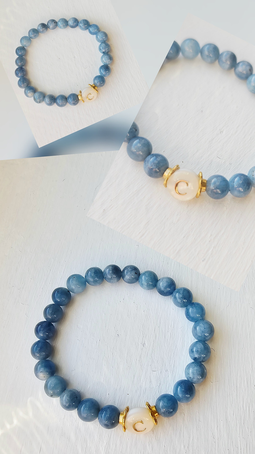 Aquamarine bracelet with high-shine gold initial C charm