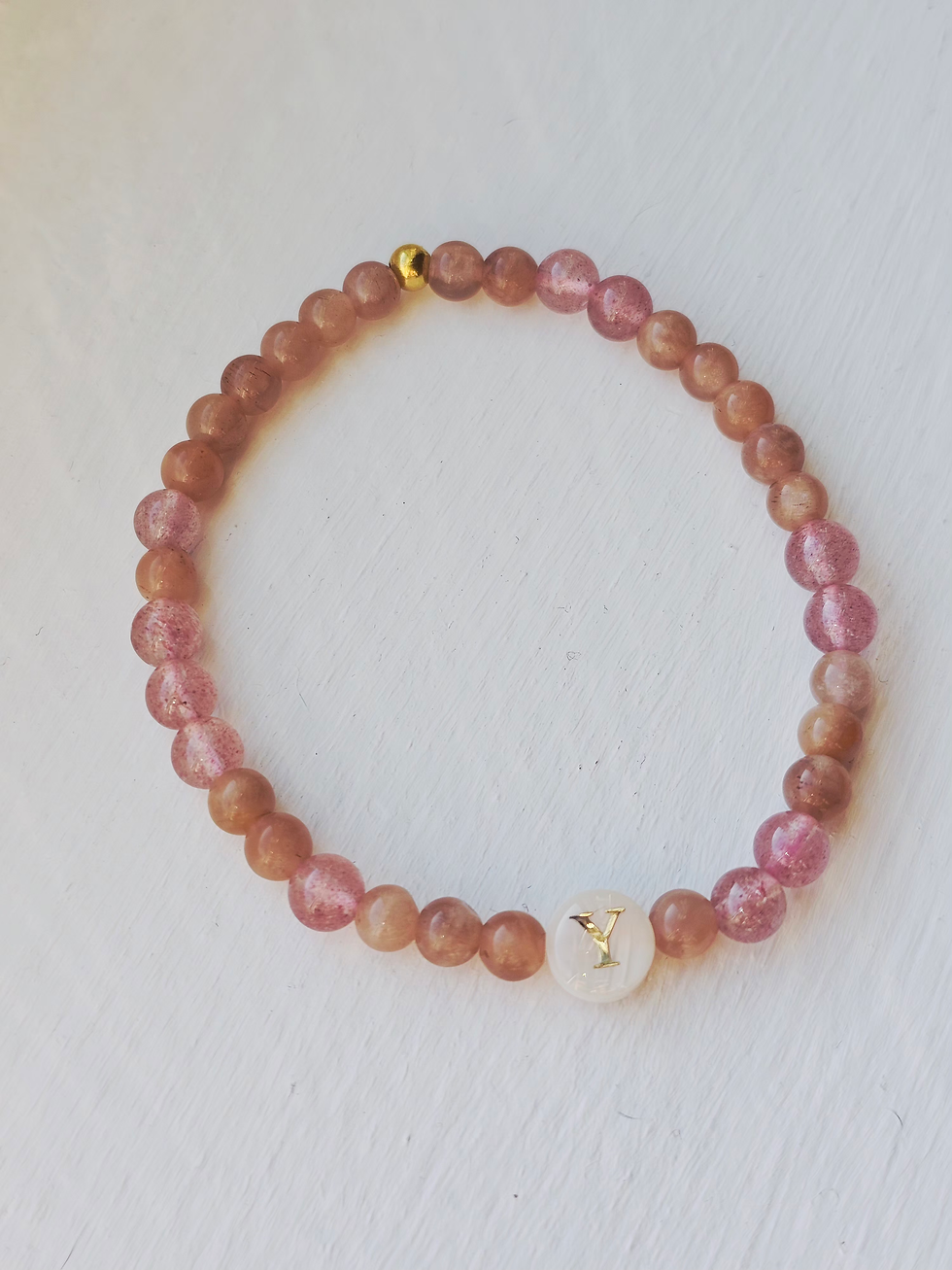 Thumbnail: Custom Peach Moonstone Bracelet Initial Charm 