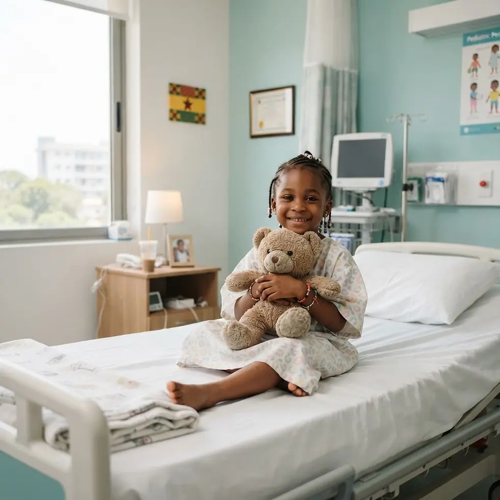 Studio photography of a young girl in a hospital gown sitting on a hospital bed, holding a teddy bear. She is smiling brightly in a warm, hopeful healthcare setting.