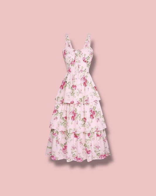 High angle view of a floral maxi dress arranged elegantly