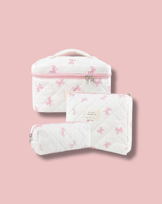 Close-up view of floral quilted makeup bags