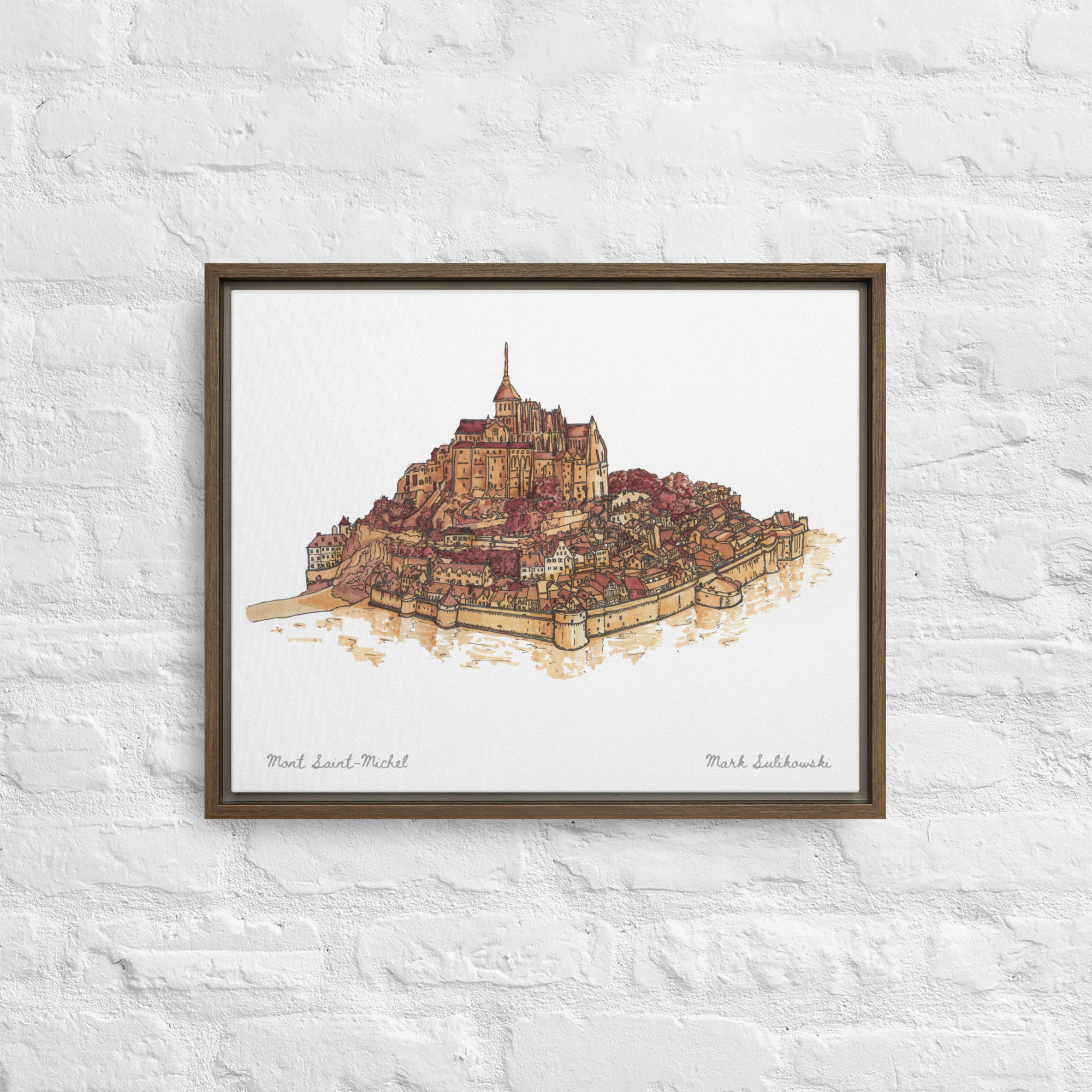 A hand-drawn illustration of the iconic French tidal island in Vibrant Marker Illustration depicts the striking medieval abbey perched atop a steep rocky outcrop. Detailed Black ink linework and rendered in sepia tones emphasises the towering Gothic spires and fortified walls, while nestled stone houses and winding paths trace the rugged slopes down to the surrounding bay