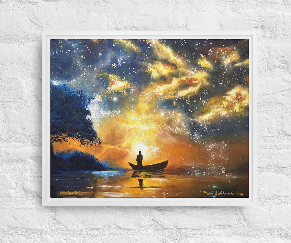 white framed canvas print of 'Silent Wonder ' by Mark Sulikowski. This captures a poignant moment of being fully present to the breath taking beauty of the surrounding starry night sky. A Man in a boat all alone but not lonely as he has the stars and galaxies before him to ponder.