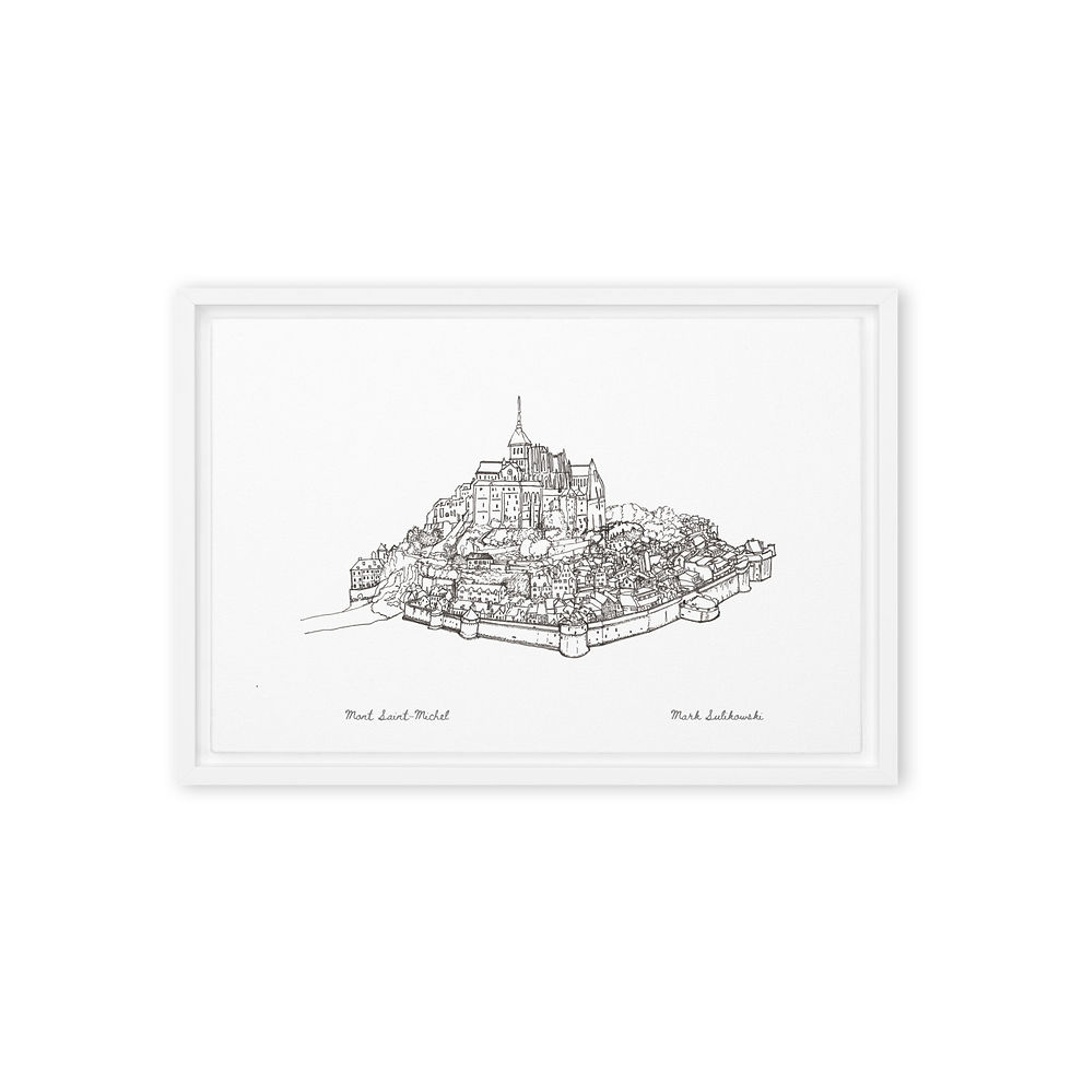 Thumbnail: Brown framed Canvas Print finish - Mont Saint-Michel is a meticulous hand drawn architectural illustration by Mark Sulikowski of the beautiful tidal island of Mont Saint-Michel, rendered in sharp black ink linework. Medieval complex rising like a pyramid from the Normandy coast, showcasing the formidable ramparts at the water's edge, densely packed village houses climbing the slopes, soaring Gothic abbey crowning the peak.