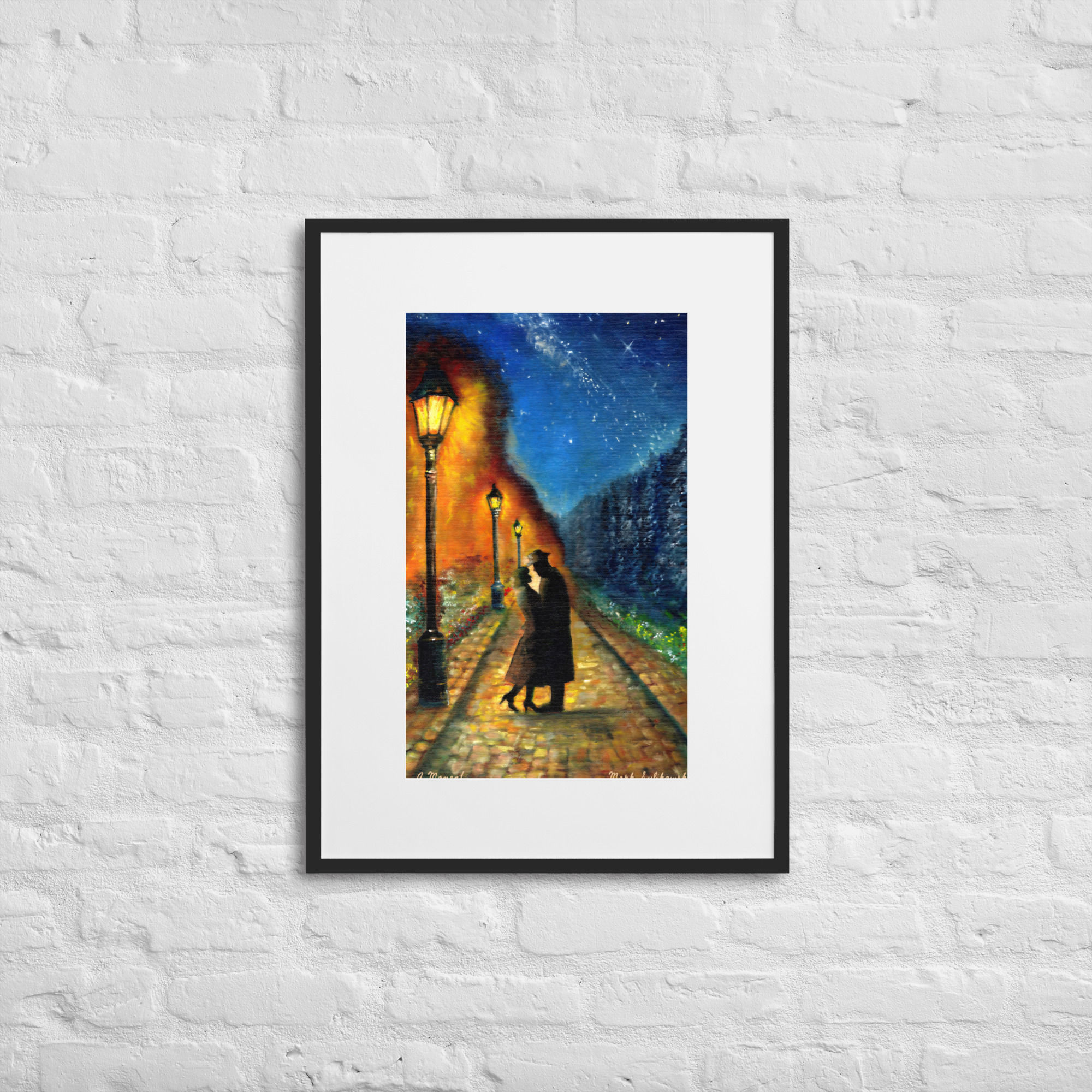 Starry sky at night a man holding a woman under a street lamp at night. Street lamp lights up the cobblestone street. Yellow brown and orange glowing cobblestone with earthy colours underneath a silouette of a man in a suit and overcoat and hat with a woman in a long dress overcoat and hat with a slight warm glow on them. Street lights add a warm touch and nostalgic feel to the painting.