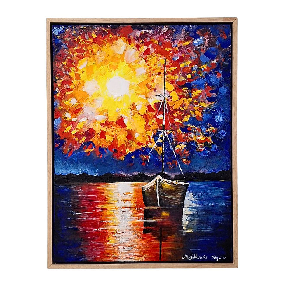 "True North" (2022) — An Epiphany on Water
Discover the captivating contrast of serene stillness and vibrant energy in "True North", an original acrylic palette knife painting by artist Mark Sulikowski. Created in July 2022, this masterful canvas captures an exhilarating burst of colour erupting over a tranquil seaside. Anchoring the scene is a single boat, sitting quietly as a solitary witness to a spectacular, light-filled display. Bursts of yellows, oranges reds, whites and pinks fill the sky set against a dark blue background. The bottom part of the painting reflects the burst of yellows, reds and oranges. with a brown boat off to the right of the painting.