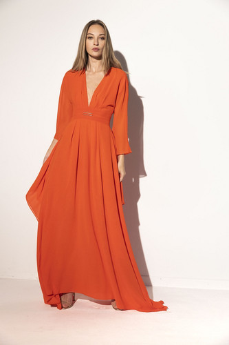 Abito Lungo Aderente A Costine Con Scollo A U Profondo – Donna, Maniche Corte, Maxi Vestito In Tinta Unita (Rosa/Arancio, Taglia L)