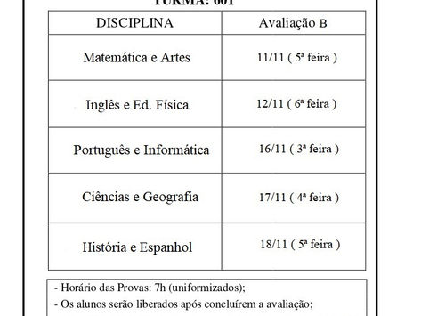Calendário das Provas B - 4º Bimestre