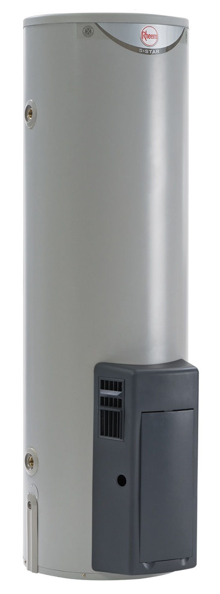 Tall cylindrical grey gas hot water system unit