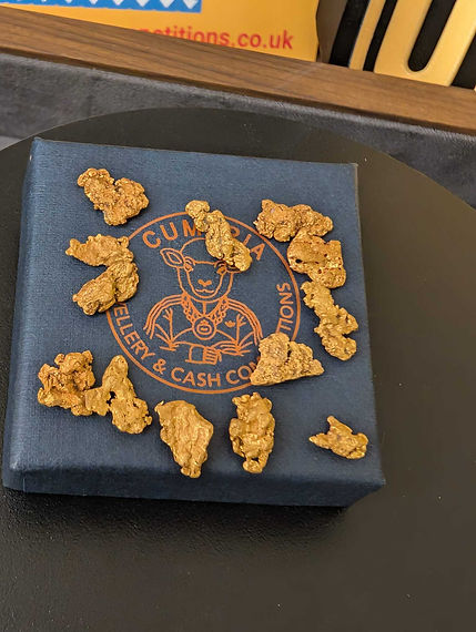 Nuggets of gold laying on blue box