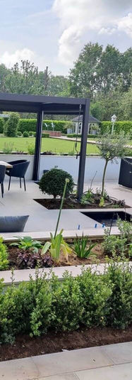 Garden seating area with black seating and steel pergola