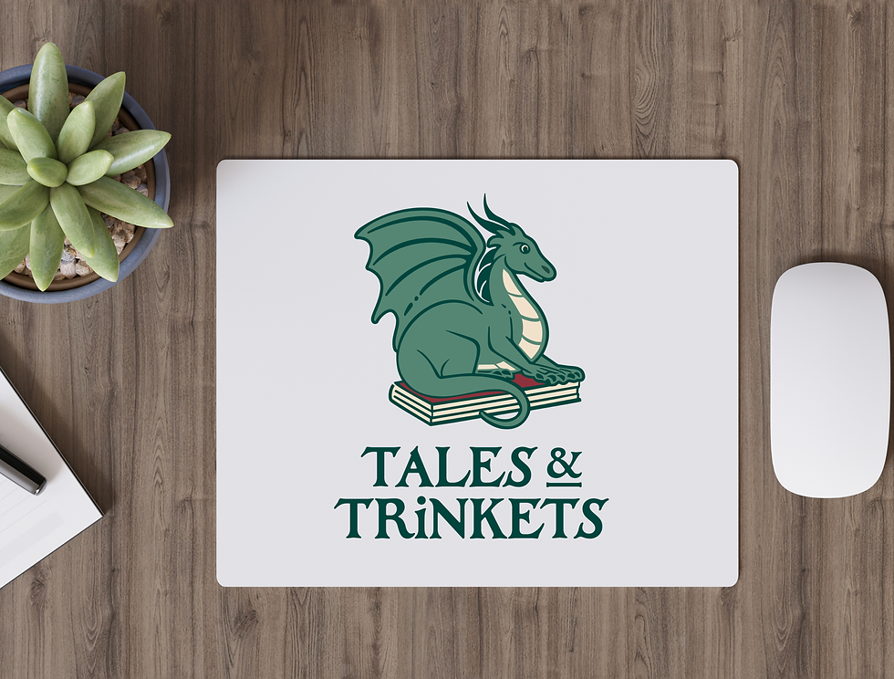 A mousepad with the logo of Tales and Trinkets, a dragon in colour