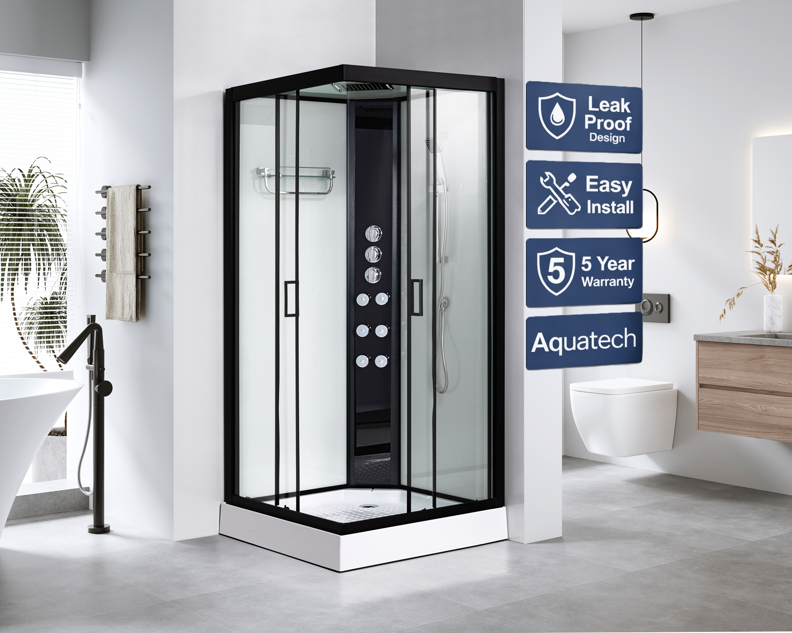800x800 White & Black Square Thermostatic EASY INSTALL Shower Cabin Room Spa