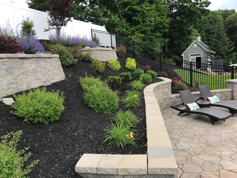 A landscaped garden with flowering shrubs and trees designed and installed by Sterling Greenery's Plant Nerds Mobile Design Service