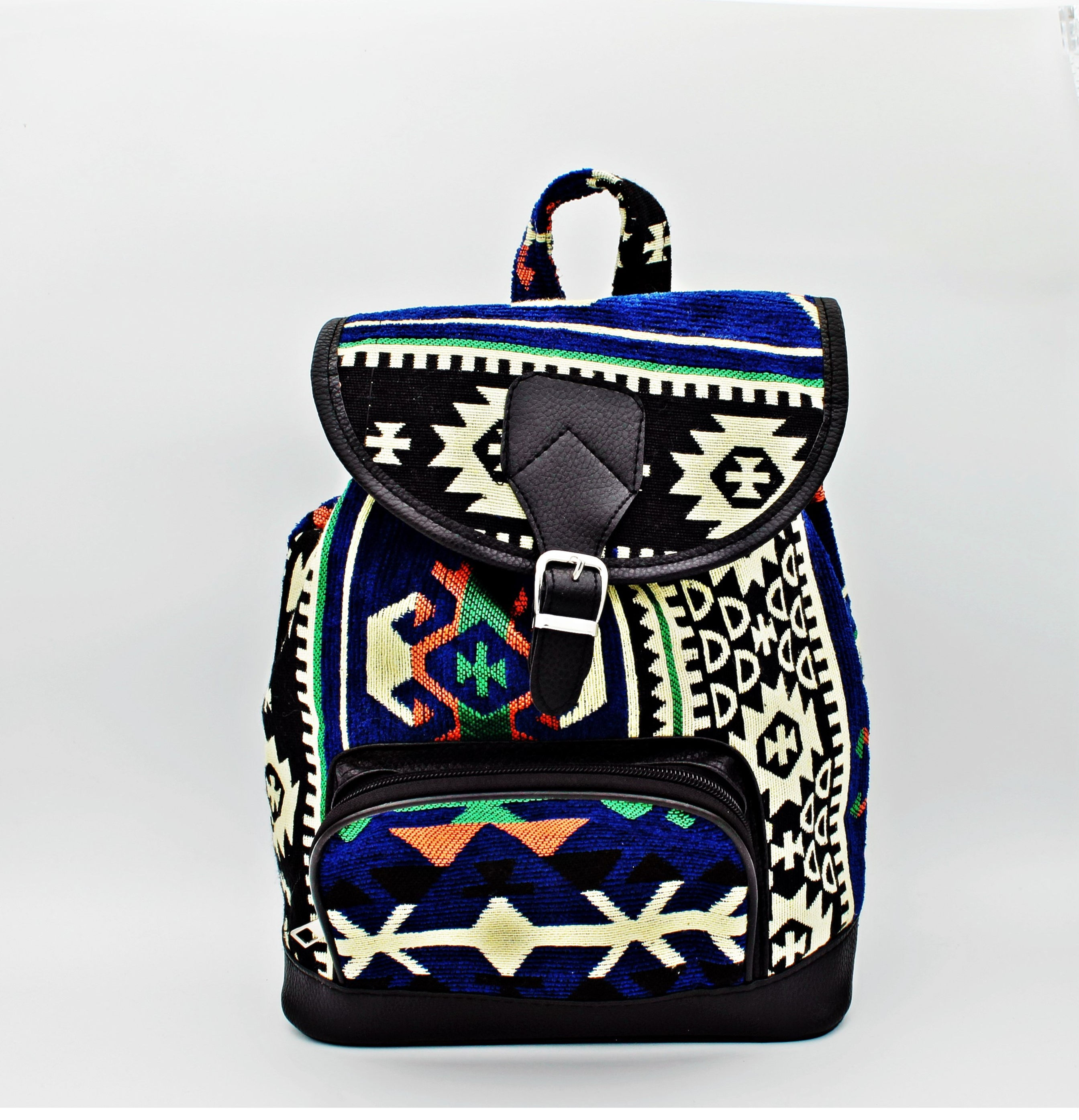 Orta Boy Koyu Mavi Otantik Desenli Sırt Çantası