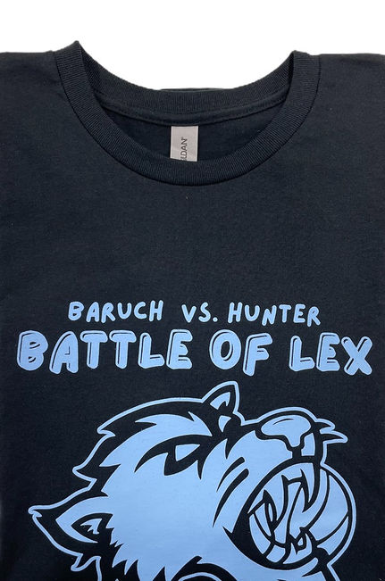 Black T-shirt with 'Baruch vs. Hunter Battle of Lex' text and a light blue wildcat graphic; example of screen printed shirts. At Wow! Custom Tees