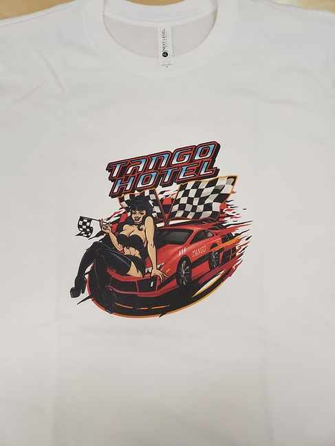 White T-shirt with Tango Hotel pin-up, red race car, and checkered flags, great for screen print shirts near me. At Wow! Custom Tees