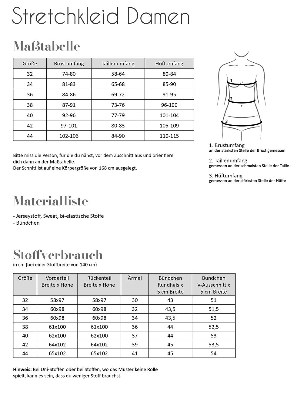 Fadenkäfer Schnittmuster Stretchkleid Damen Grössentabelle