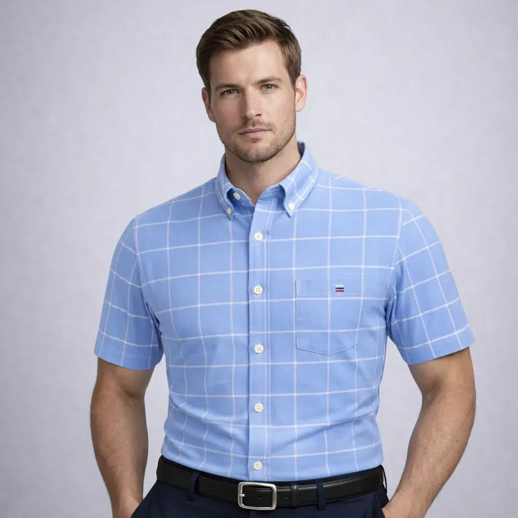 100% Cotton Breathable Men Oxford Short Sleeve Summer Plaid