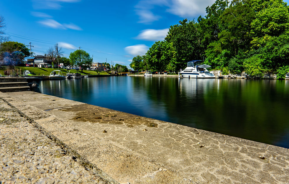 The lower reach of the lock. The channel divides the town in two.