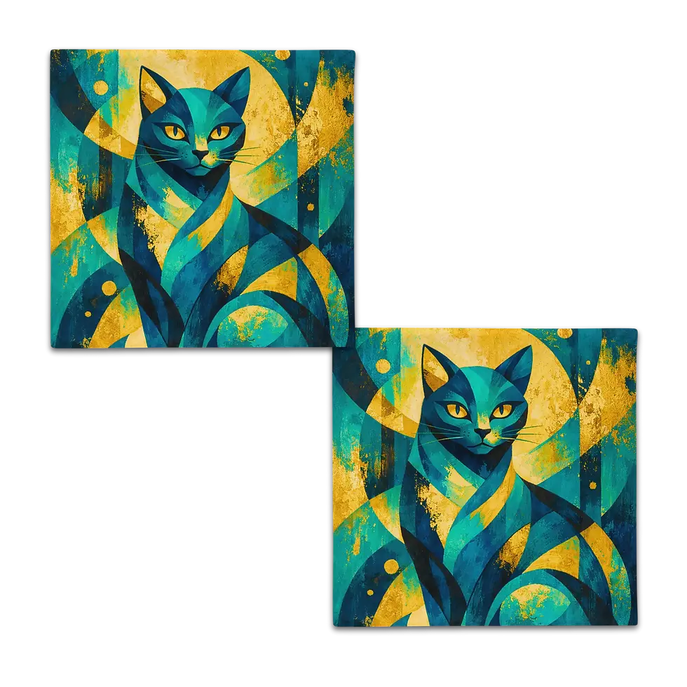 Modern art cat cushion cover showing identical artwork printed on both front and back sides.