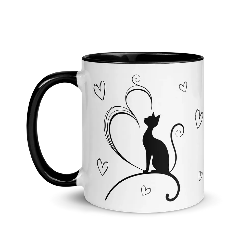 White ceramic mug on transparent background with black handle on the left, featuring a minimalist black cat design.