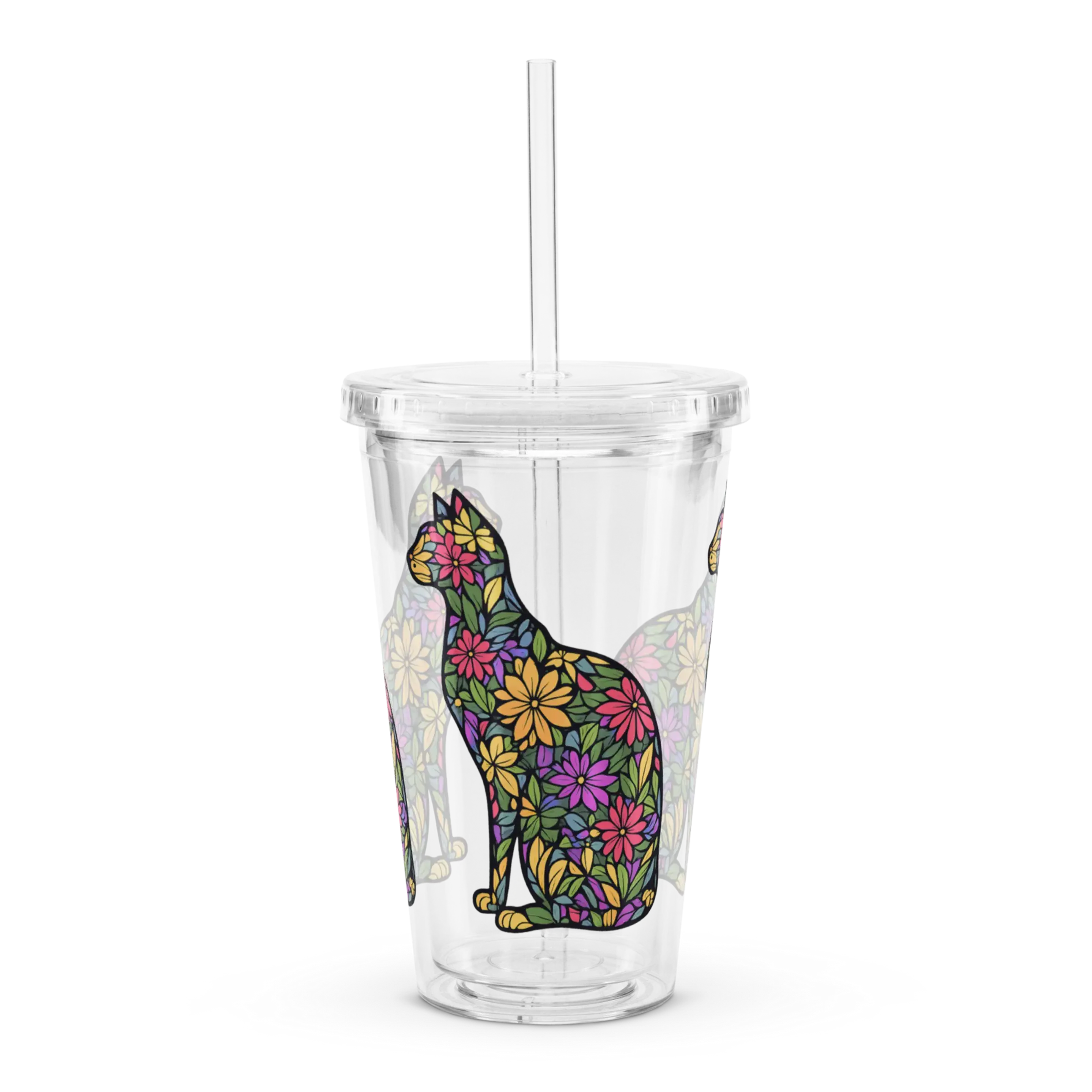 Clear acrylic tumbler with colorful floral cat design shown front-on against transparent background.