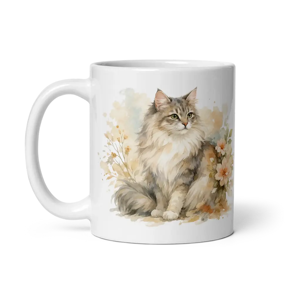 White ceramic mug shown from the left side with handle visible and floral long-haired cat illustration on the front