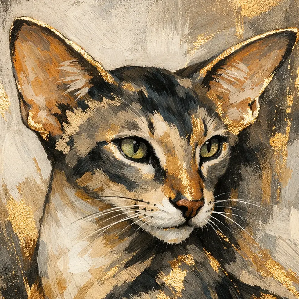 Close-up detail of an oriental cat portrait showing slender features, expressive eyes, textured brushstrokes, and gold accent