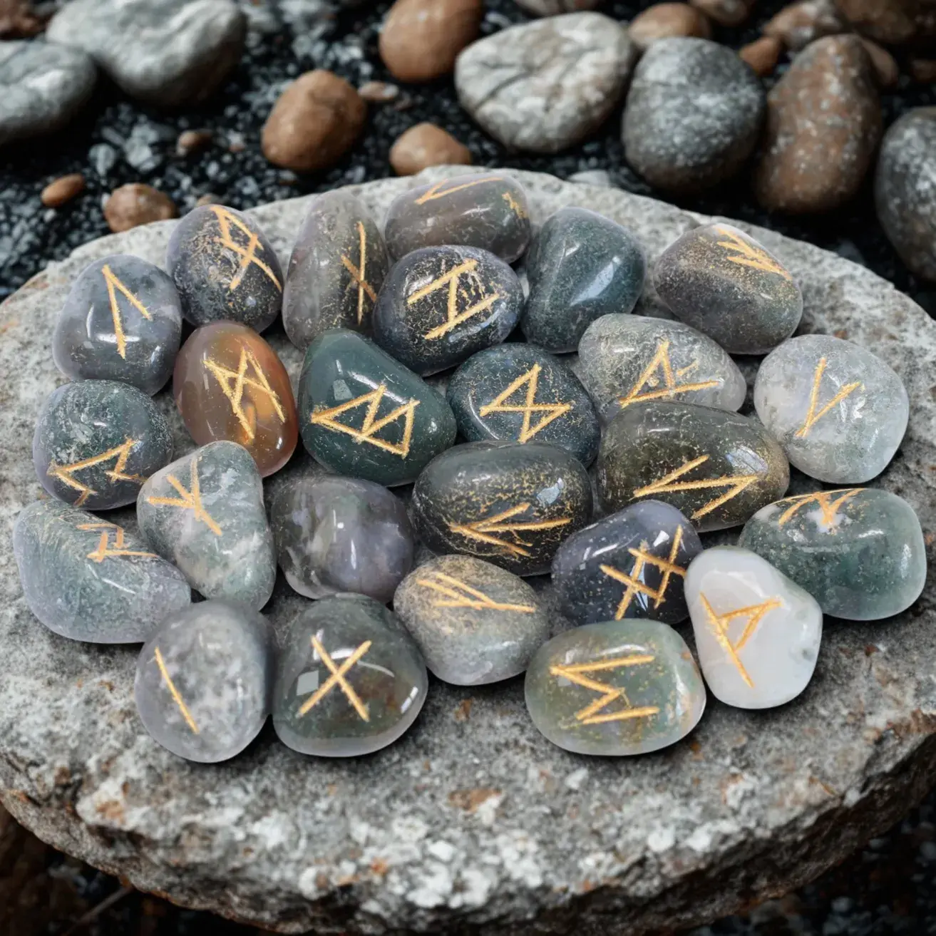 Runen-Set aus Moosachat mit goldenen Gravuren auf Steinuntergrund