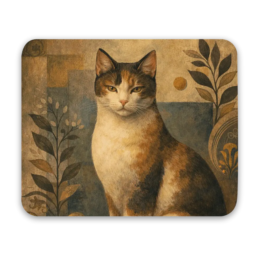 Flat view of the elegant calico cat mousepad with rounded corners and warm illustrated design.
