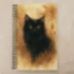 Notebook front with black cat and crescent moon lying on beige stone surface