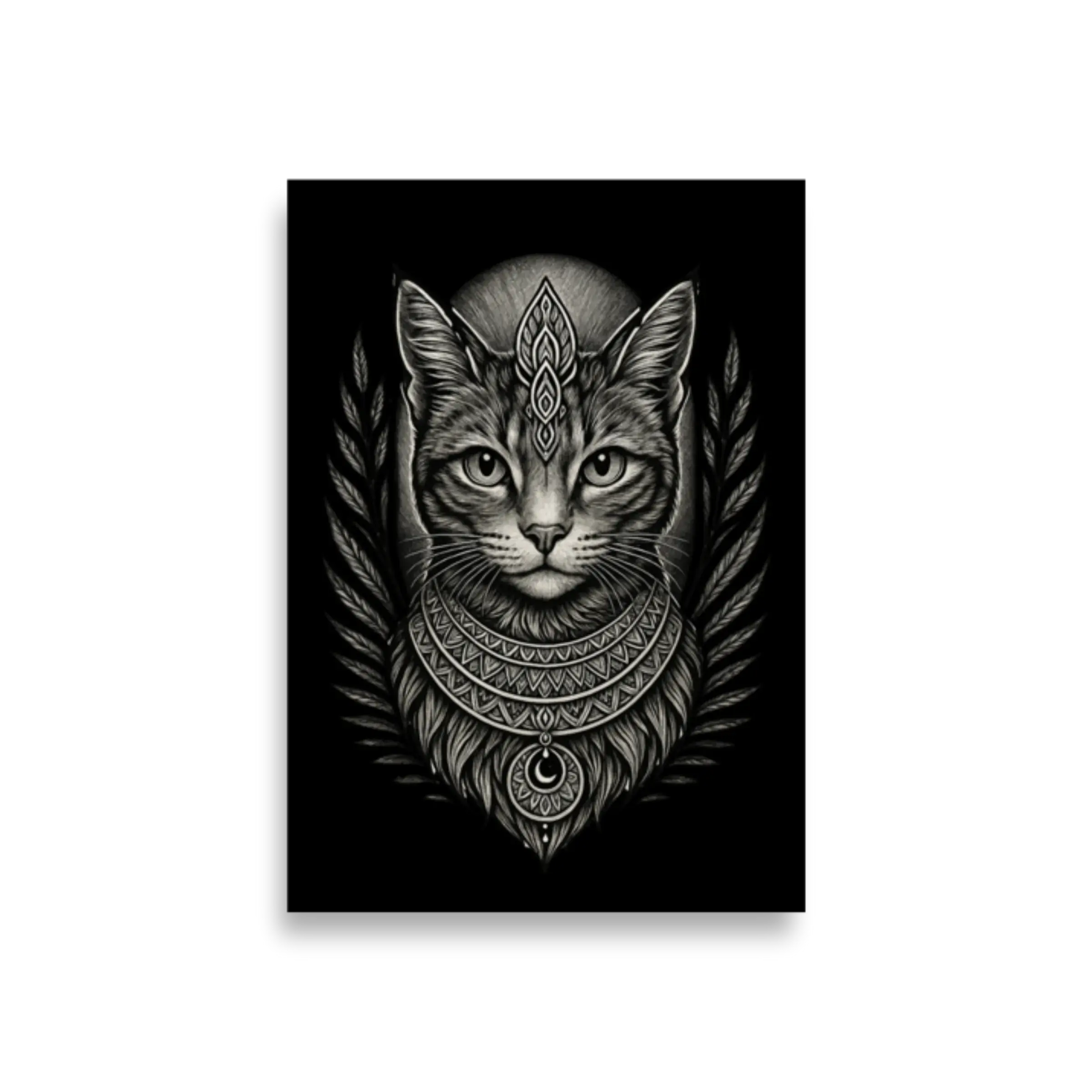 Ornamental cat illustration centered on a transparent background, detailed symmetrical design in vertical format.