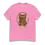 Thumbnail: Front view of Curious Cat T-shirt in Rose with illustrated cat and floral frame